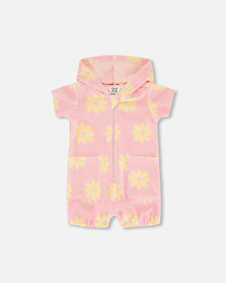 Deux Par Deux I Flowers Terry Cloth Zipped Hooded Romper - Candy Pink