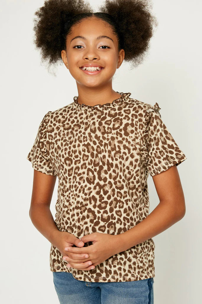 Leopard Ruffle High Neck Top - Taupe