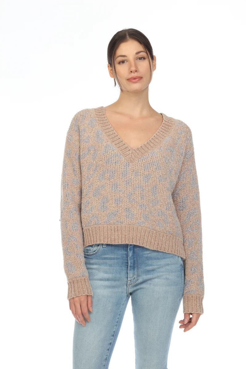 Savanna Long Sleeve Vee Sweater - Camel/Light Grey