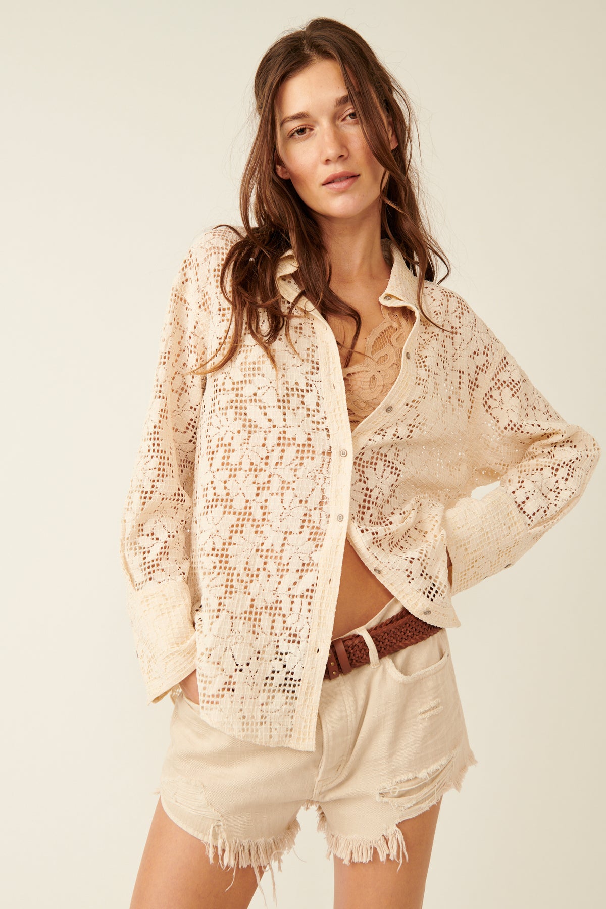 In Your Dreams Lace Button Down - Tea