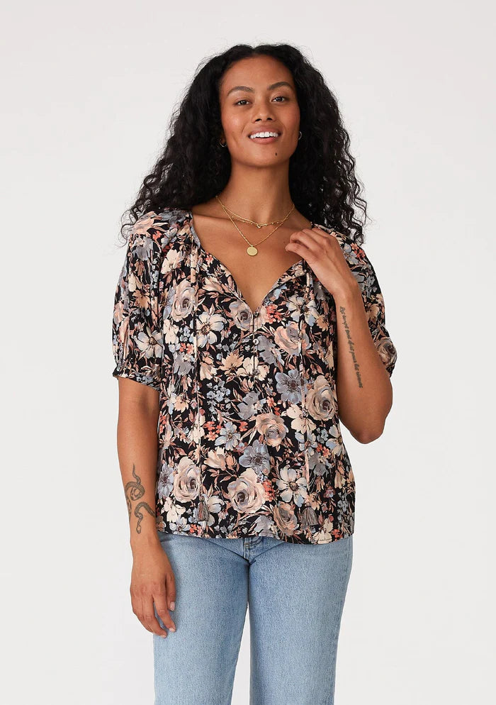 Maybelle Puff Sleeve Blouse - Black/Dusty Blue