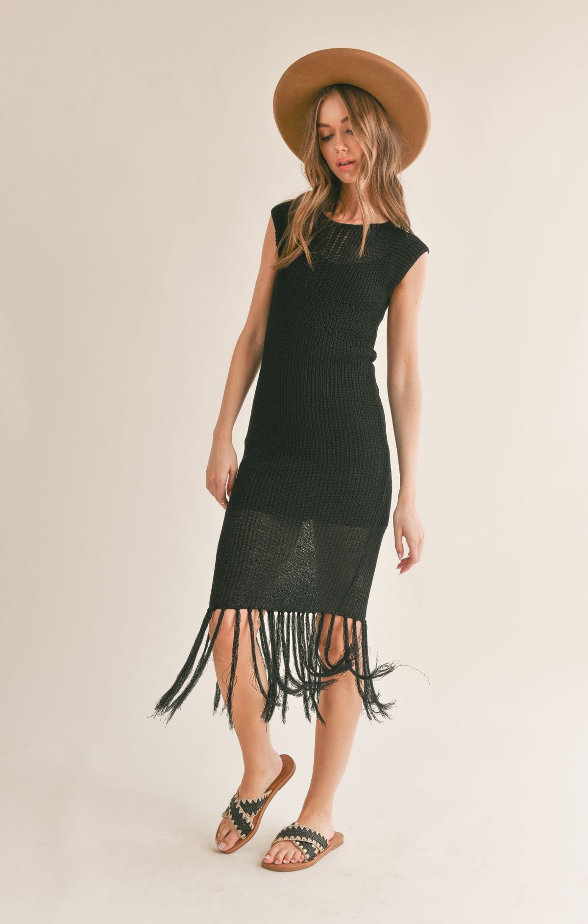 Mila Knitted Fringe Hem Midi Dress w/ Lining - Black